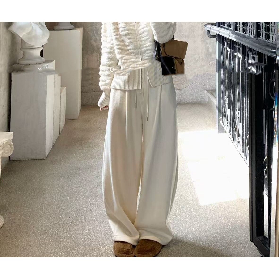 【羊毛纽扣垂感阔腿裤】冬日新款！抽绳毛绒肌理垂感阔腿裤848