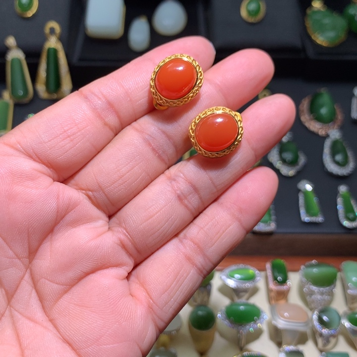 南红玛瑙银S925镶嵌耳钉