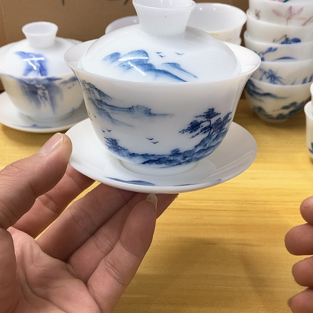 冰种玉瓷手绘盖碗（瑕）160