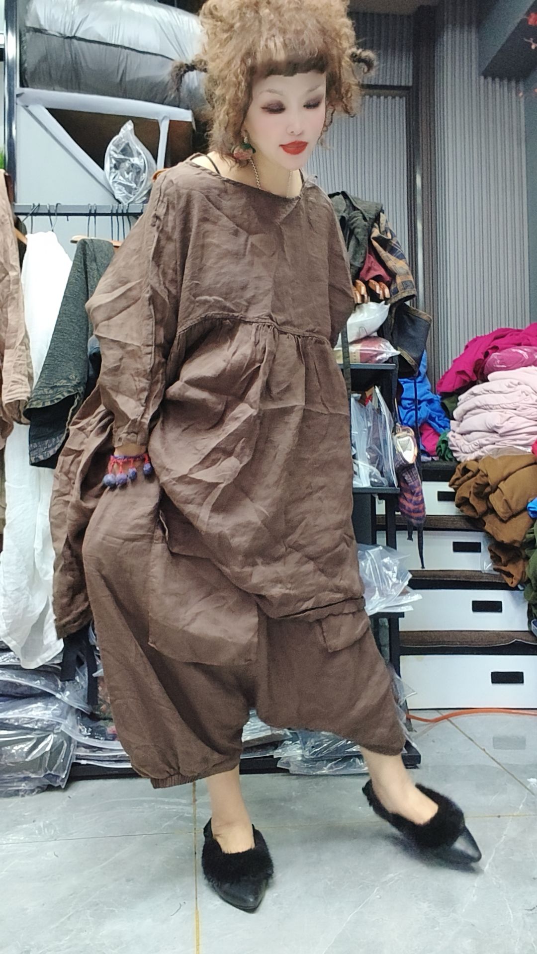 无吊牌砂洗做旧后绳宽松娃娃衫