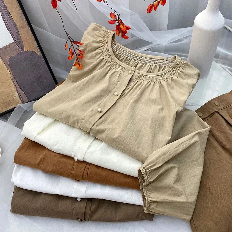 法式复古褶皱圆领长袖衬衫女早秋温柔洋气质显瘦百搭娃娃小衫上衣