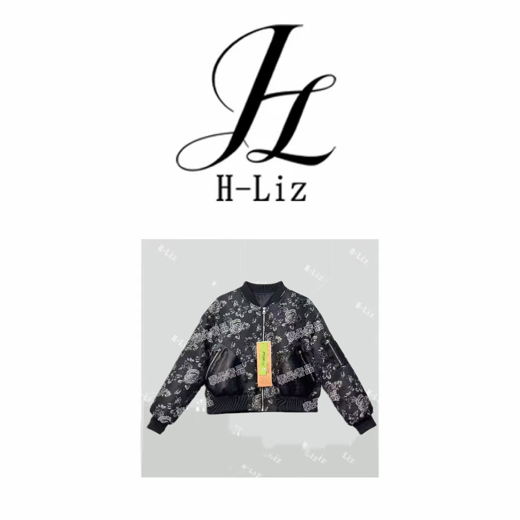 【H-Liz】Y818小牛皮黑色玫瑰刺绣夹克设计师外套女