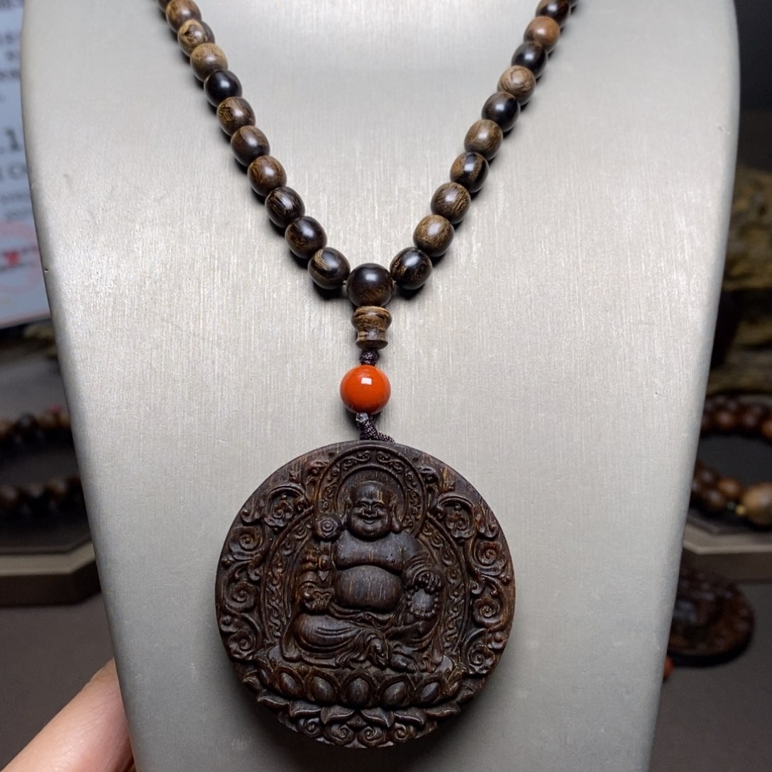 手串沉香越南芽庄帝王瘤疤紫棋楠0.6➕白棋弥勒佛沉香木雕设计