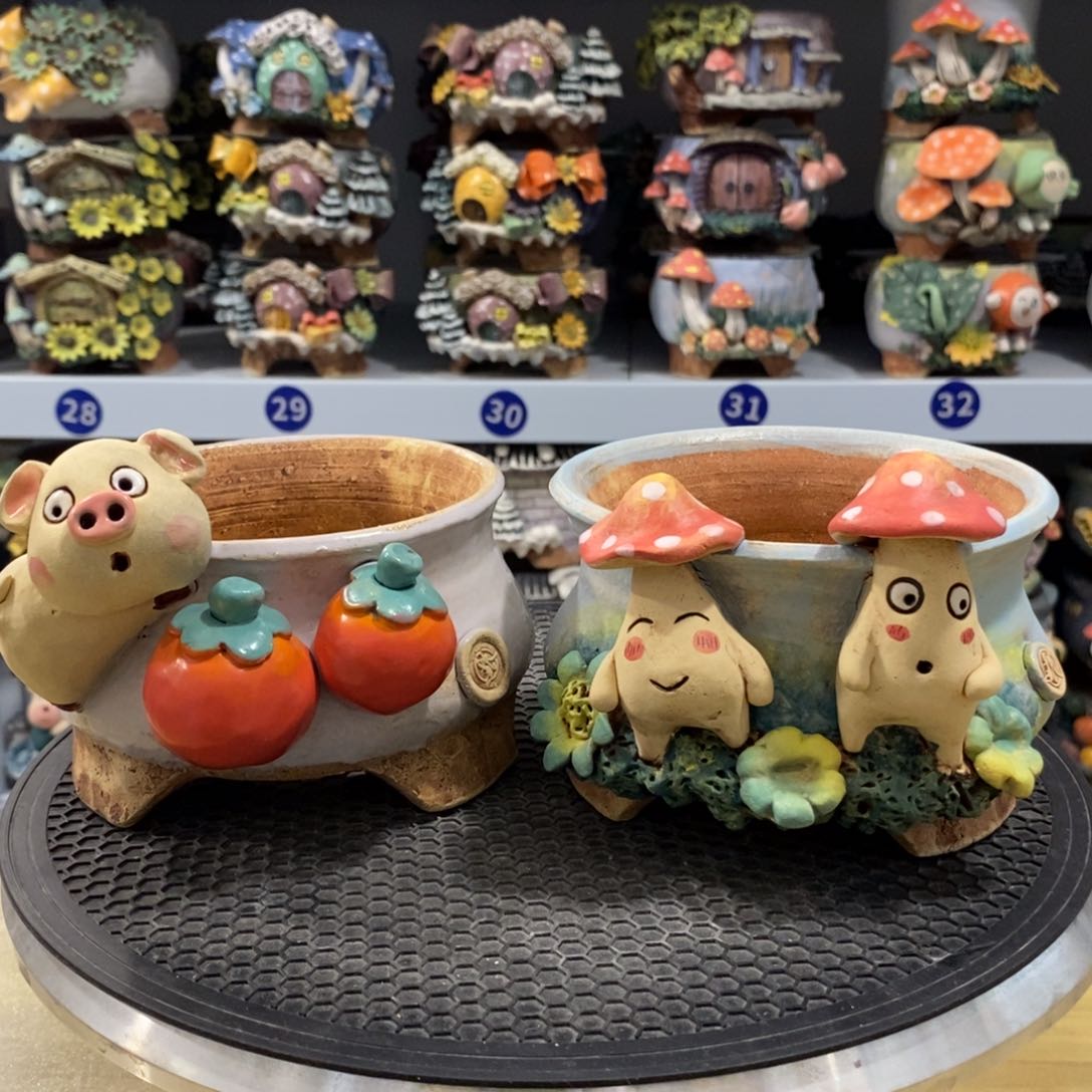 红陶山*白狐粗陶手捏花盆