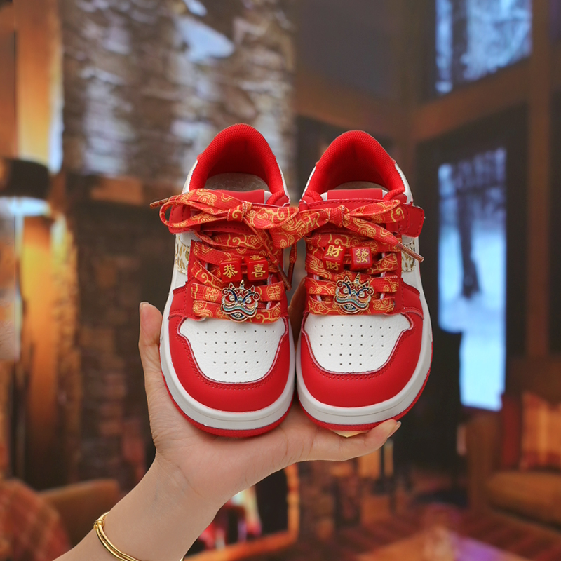 【真皮】红色新年鞋2026冬季新款男女童宝宝保暖小红鞋运动鞋