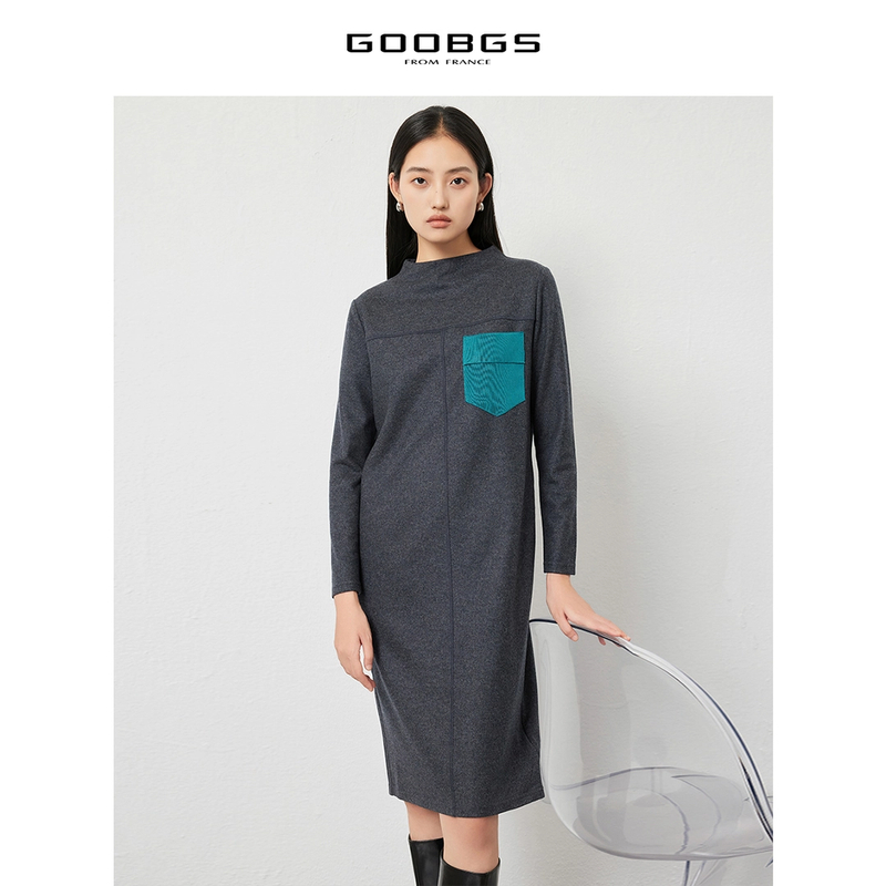 【谷邦L+ 】谷邦GOOBGS 棉撞色口袋半高领长袖连衣裙 G2441040