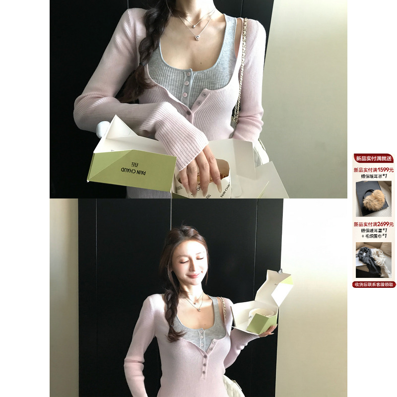 Skk Store '层次感美学'显瘦48支超细羊毛亨利领撞色假两件毛衫