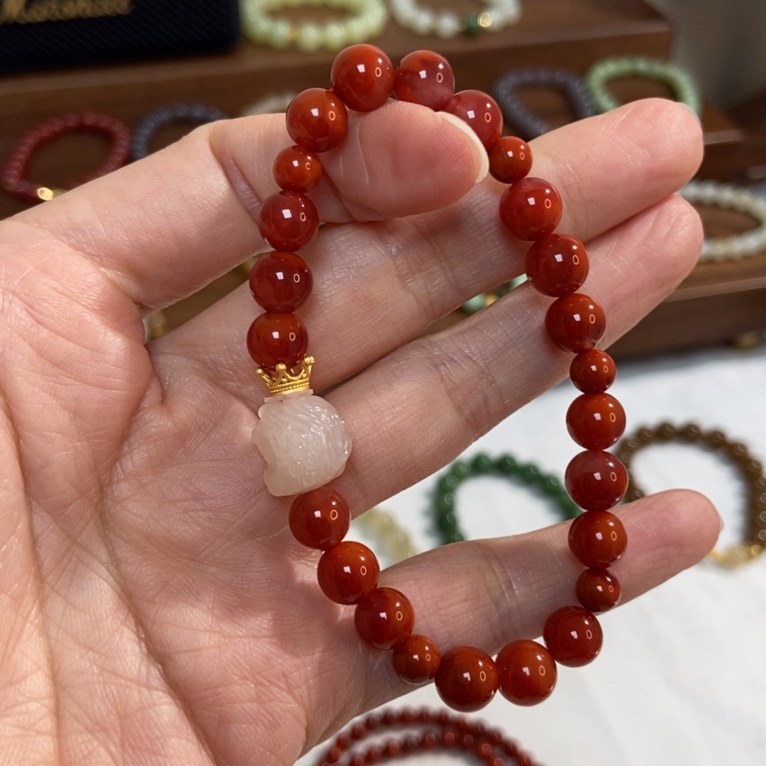 南红玛瑙银S925镶嵌手链福利8mm南红微瑕