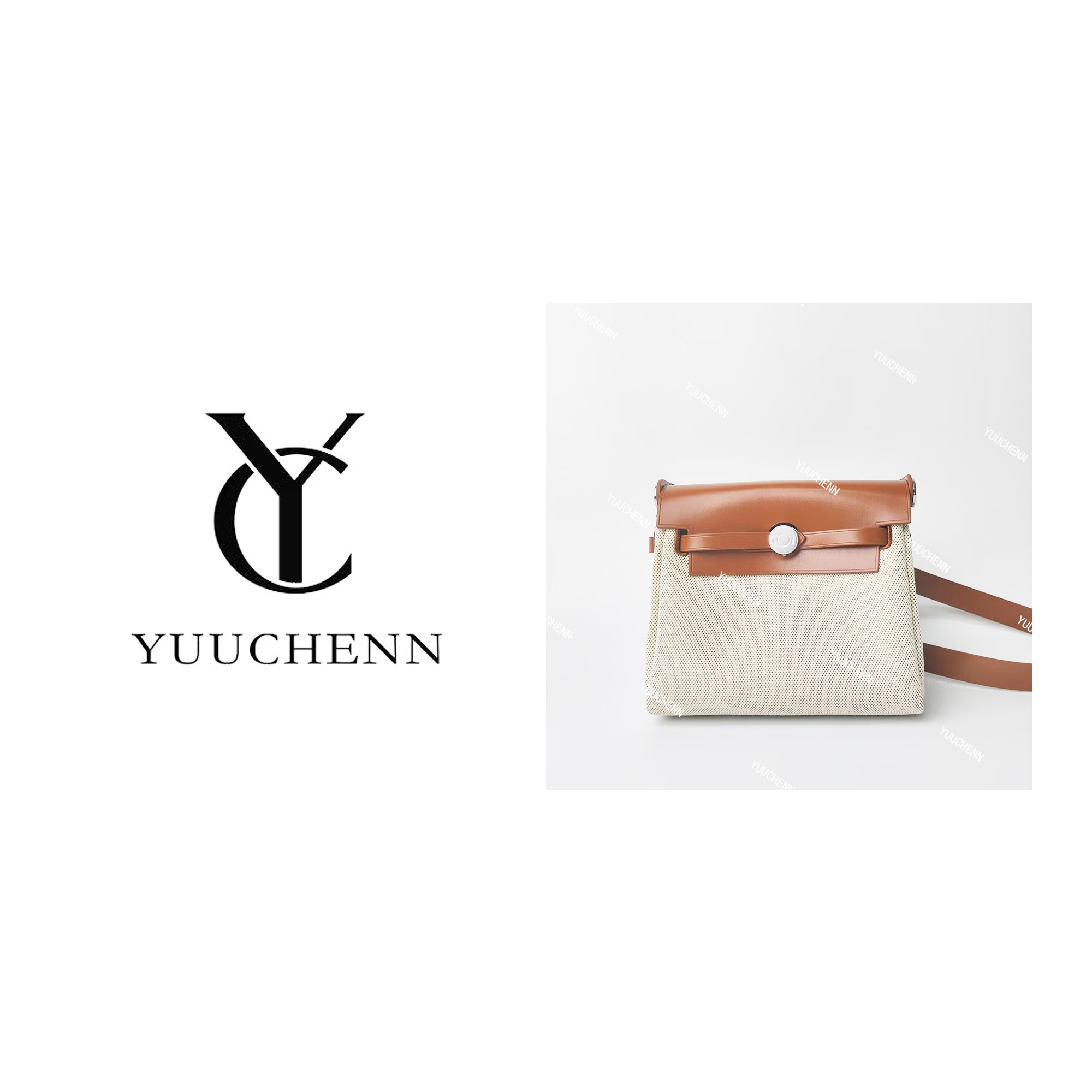YUUCHENN/【Her bag】进口牛皮+帆布20cm 棕拼米白 HH5795