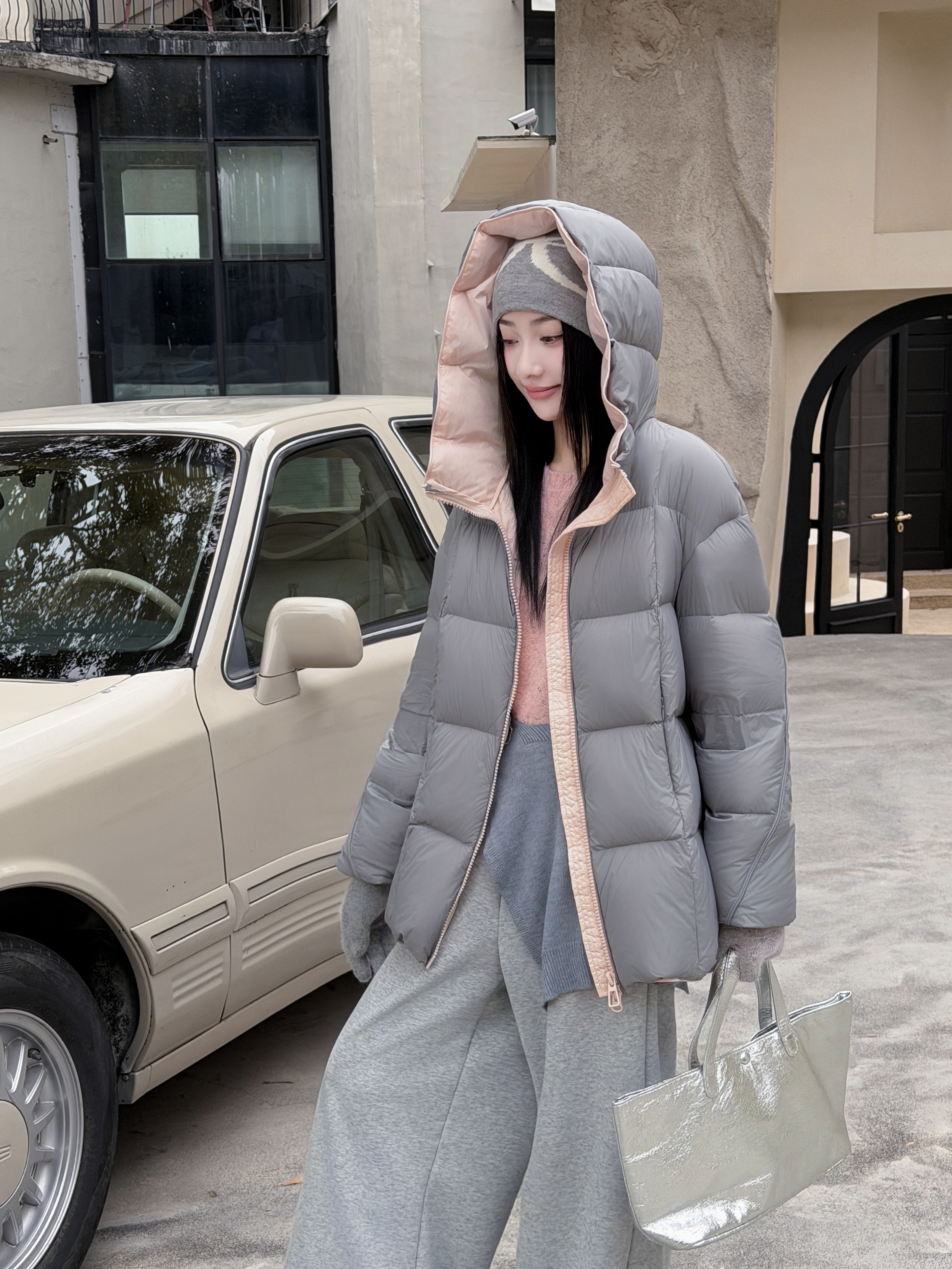 韩系撞色学院风连帽羽绒服2025冬季新款休闲90白鸭绒面包服Y8899