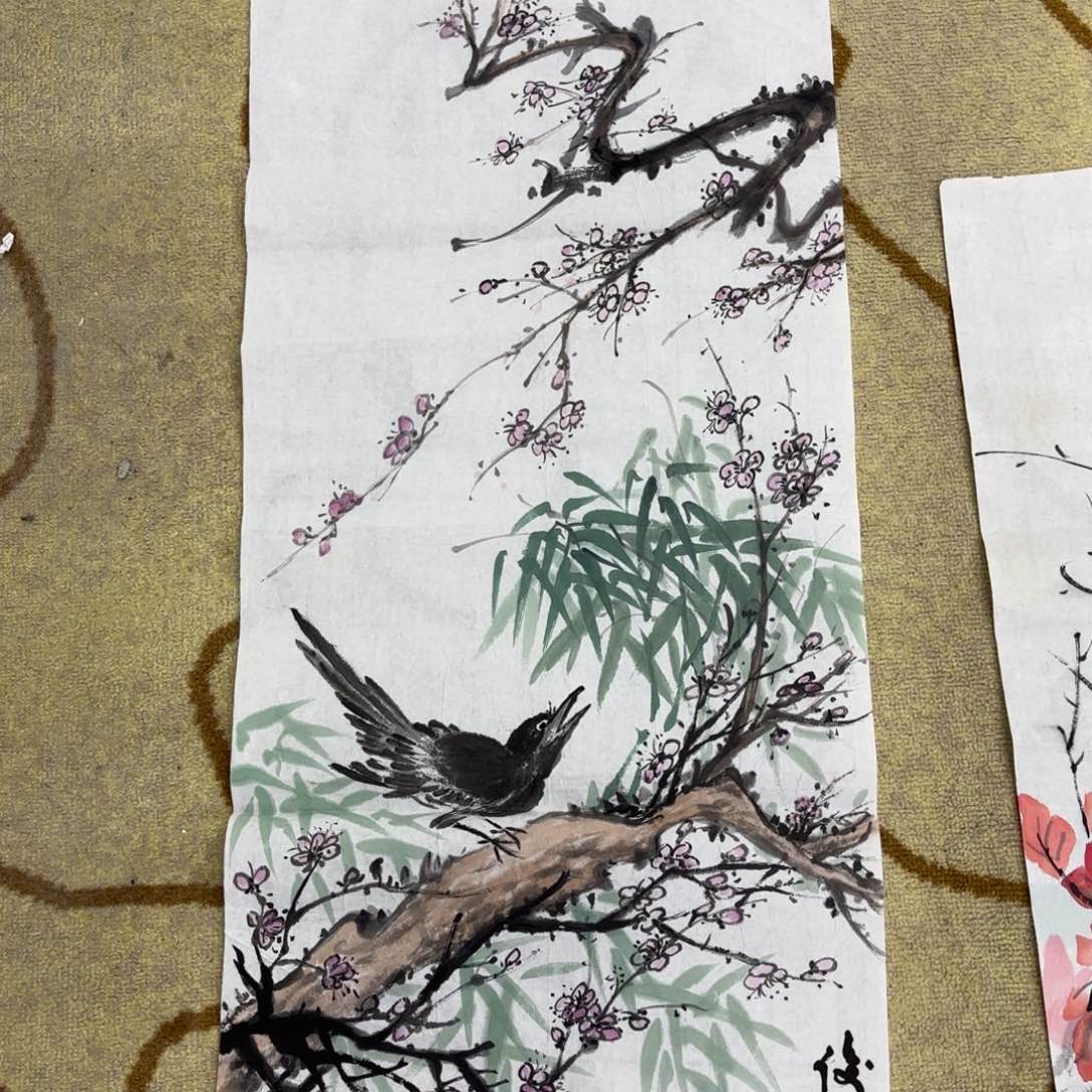 国画三尺对开花鸟童