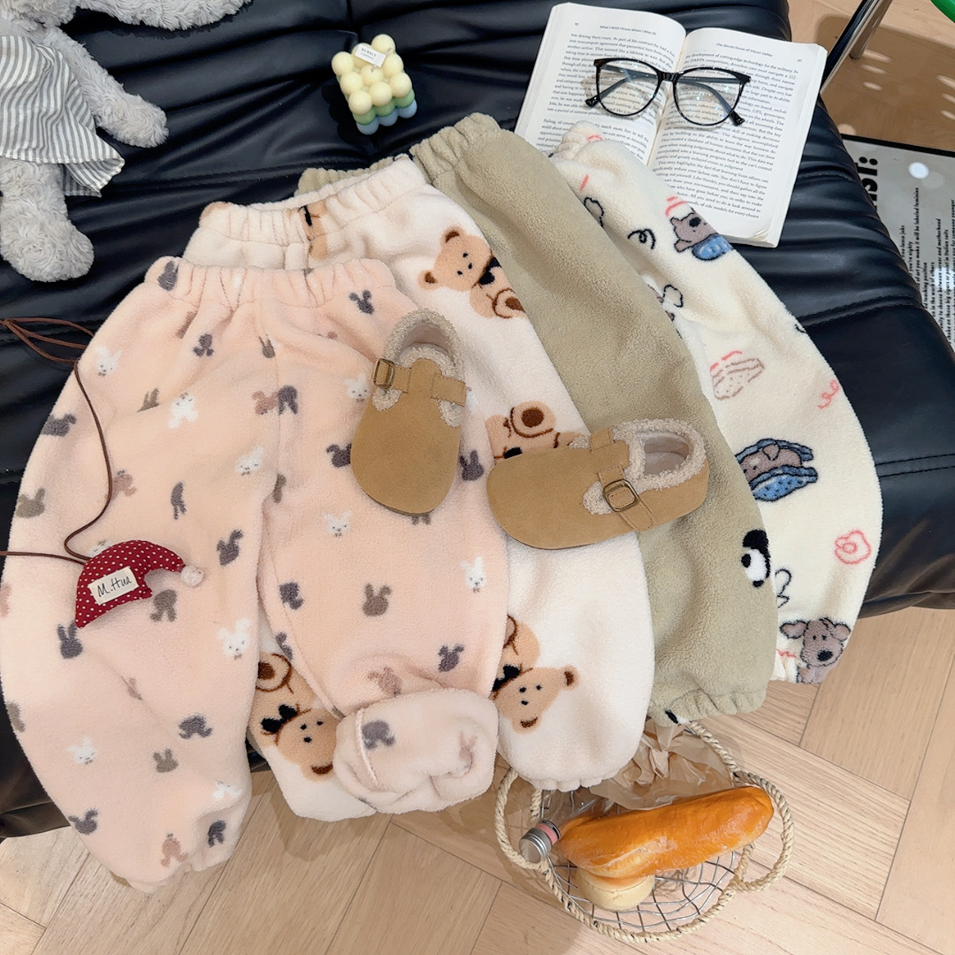 儿童秋冬季节百搭卫裤男女童休闲雪粒绒裤加绒婴幼儿加厚卡通冬款