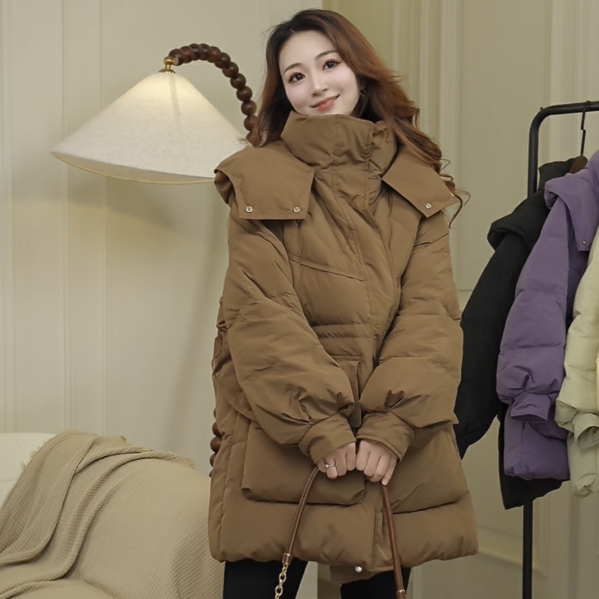 翻盖大口袋韩版羽绒服加厚中长款外套女气质百搭冬季韩版显瘦连帽