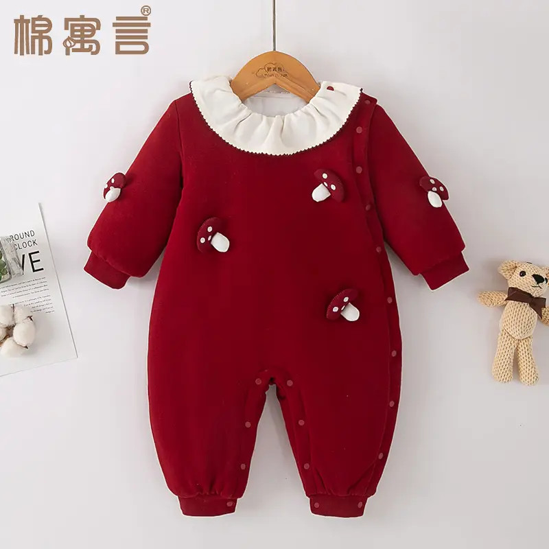 婴儿秋冬季纯棉连体衣加厚保暖哈衣爬服可爱女宝宝连身夹棉外出服