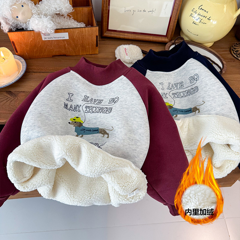 儿童冬季超厚撞色中领加绒加厚卫衣男女宝保暖休闲上衣WY25505