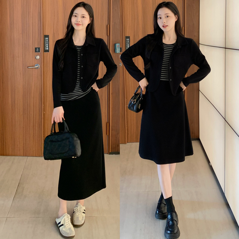 2025秋装假两件条纹休闲百搭半身裙气质显瘦假两件拼接连衣裙8882