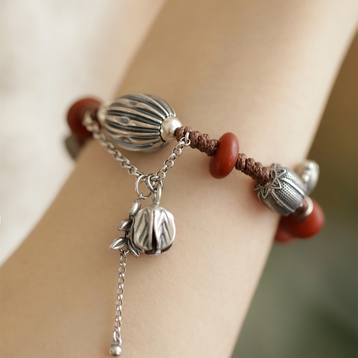 925银手链 S925银蜡蜡麦穗流苏瓜珠小象手链复古新中式108ycc