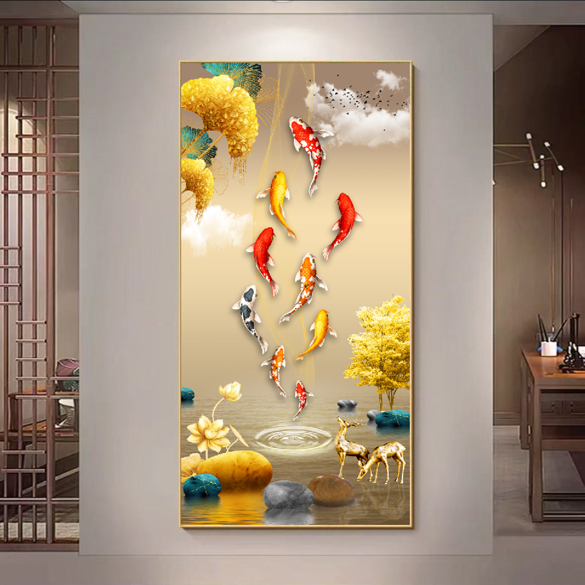 平面画九鱼图竖版玄关装饰画新中式风走廊过道入户门墙壁挂画