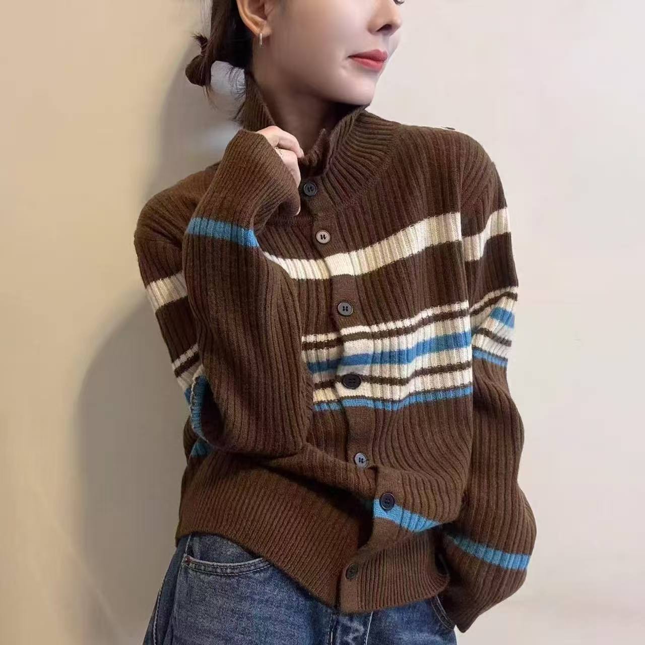 【复古撞色条纹】高领毛衣开衫新款慵懒风宽松显瘦百搭外套上衣