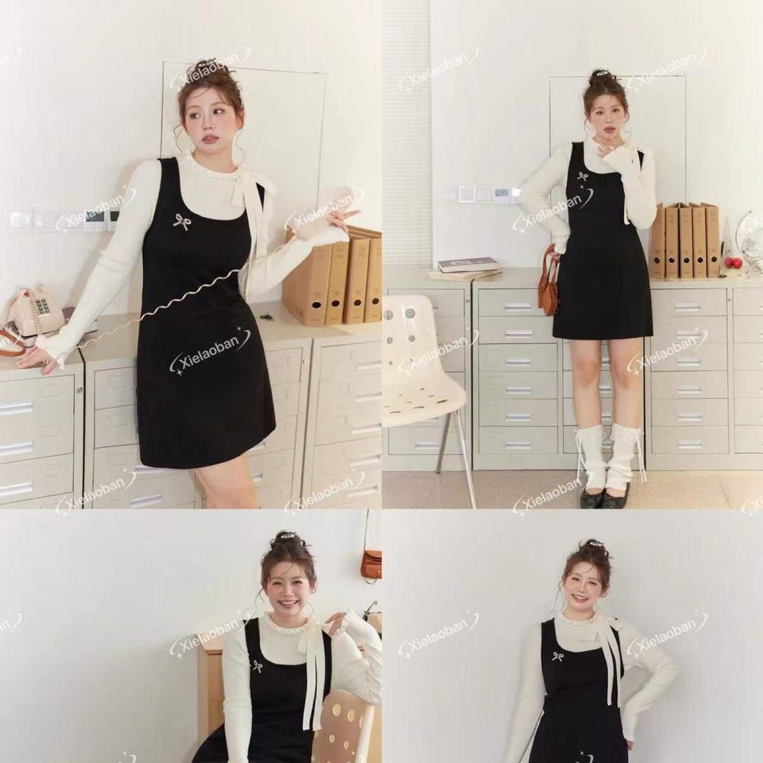 蟹老板木耳边小衫加胸针背心裙64571