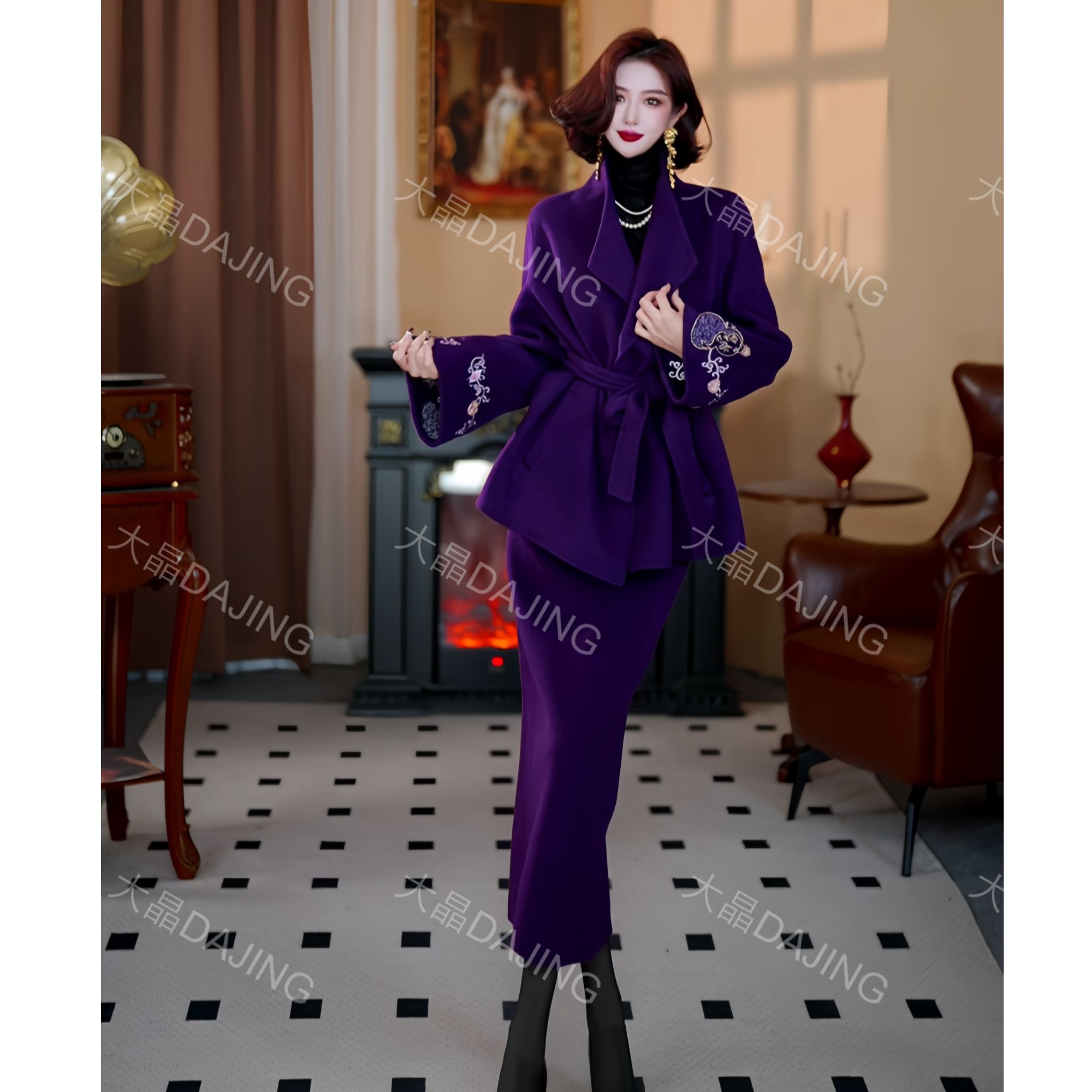 【大晶定制】“心想事橙”冬季新款[纯羊毛]毛呢刺绣两件套套装DJ391