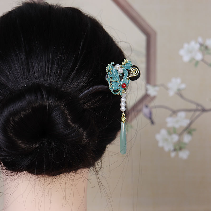 【蝴蝶花语】高定手工禾木发簪烧蓝蝴蝶双面发饰汉服百搭古F56