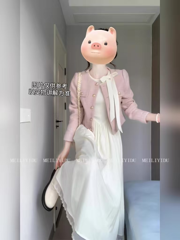 2025春季新款大码女装套装韩系甜美小香风外套+蝴蝶结连衣裙
