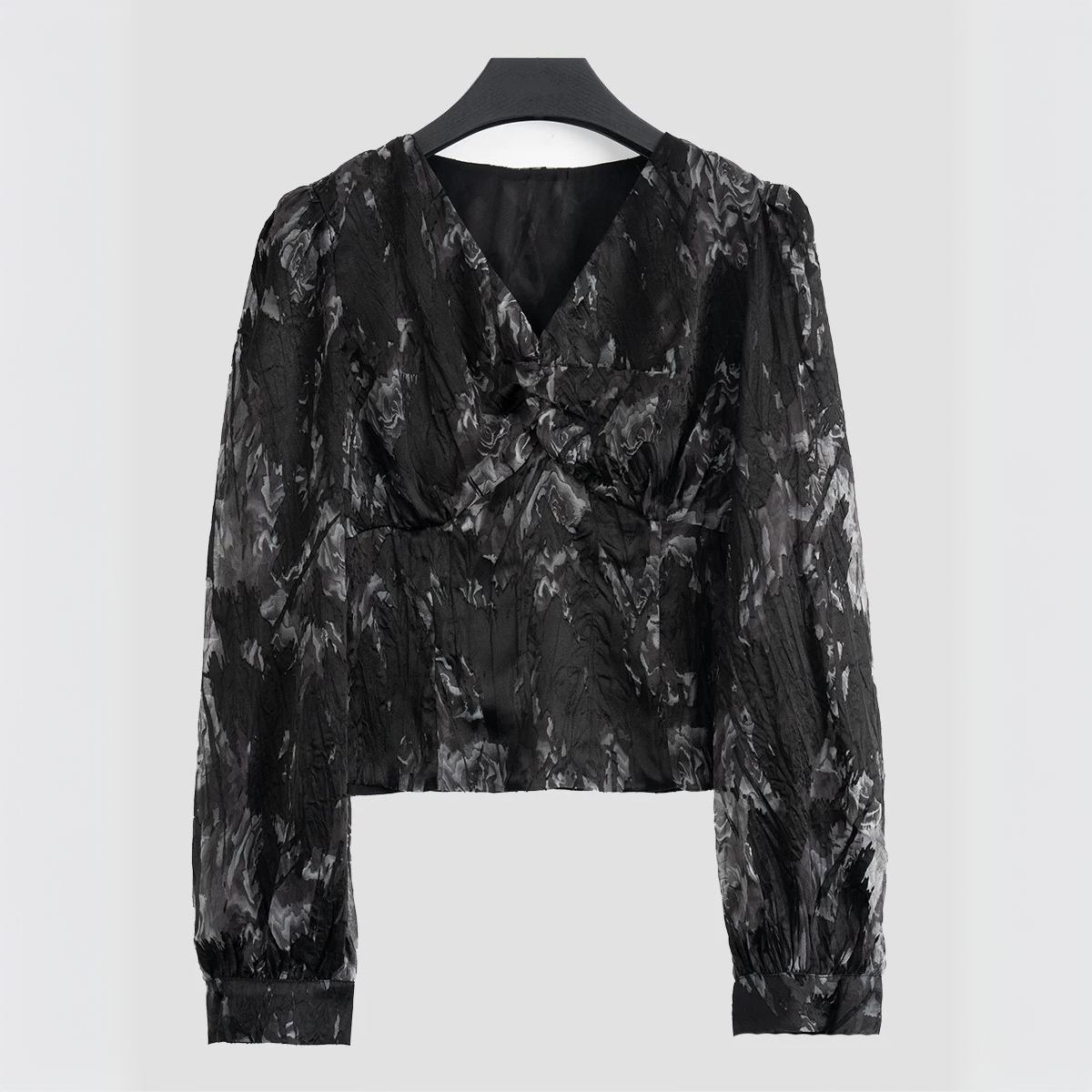 【晨浠定制】新款高级感做皱V领衬衫上衣82403