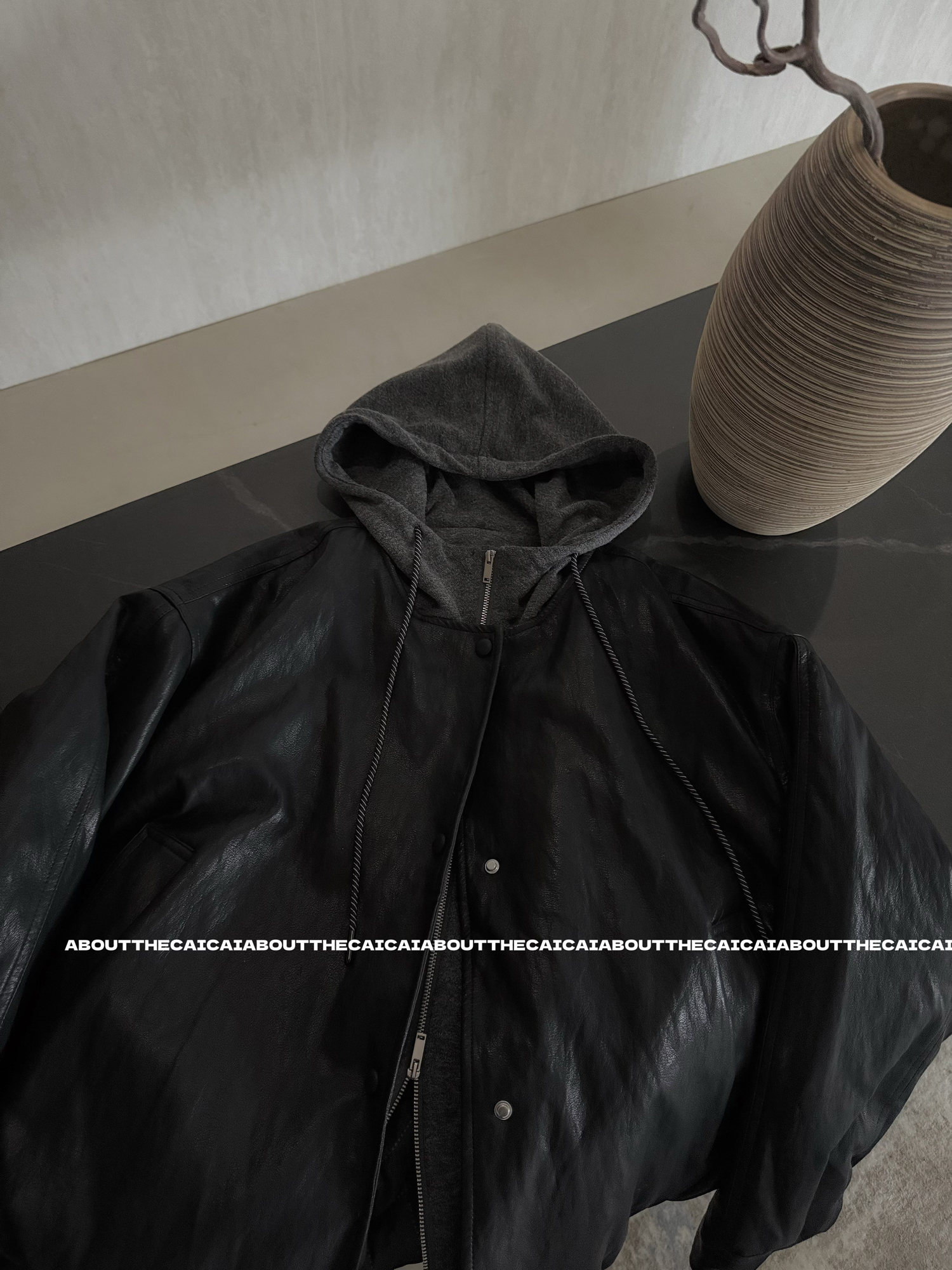 CAICAI假两件拼接连帽夹棉皮衣棉衣棉服女韩系简约高级感保暖棉袄