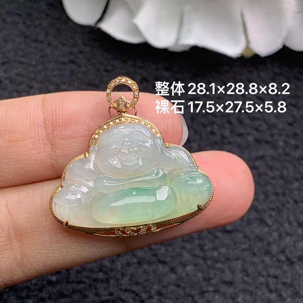 18k金镶嵌天然缅甸翡翠阳绿佛公吊坠28.1×28.8×8.2/17.5×27.5×5.8