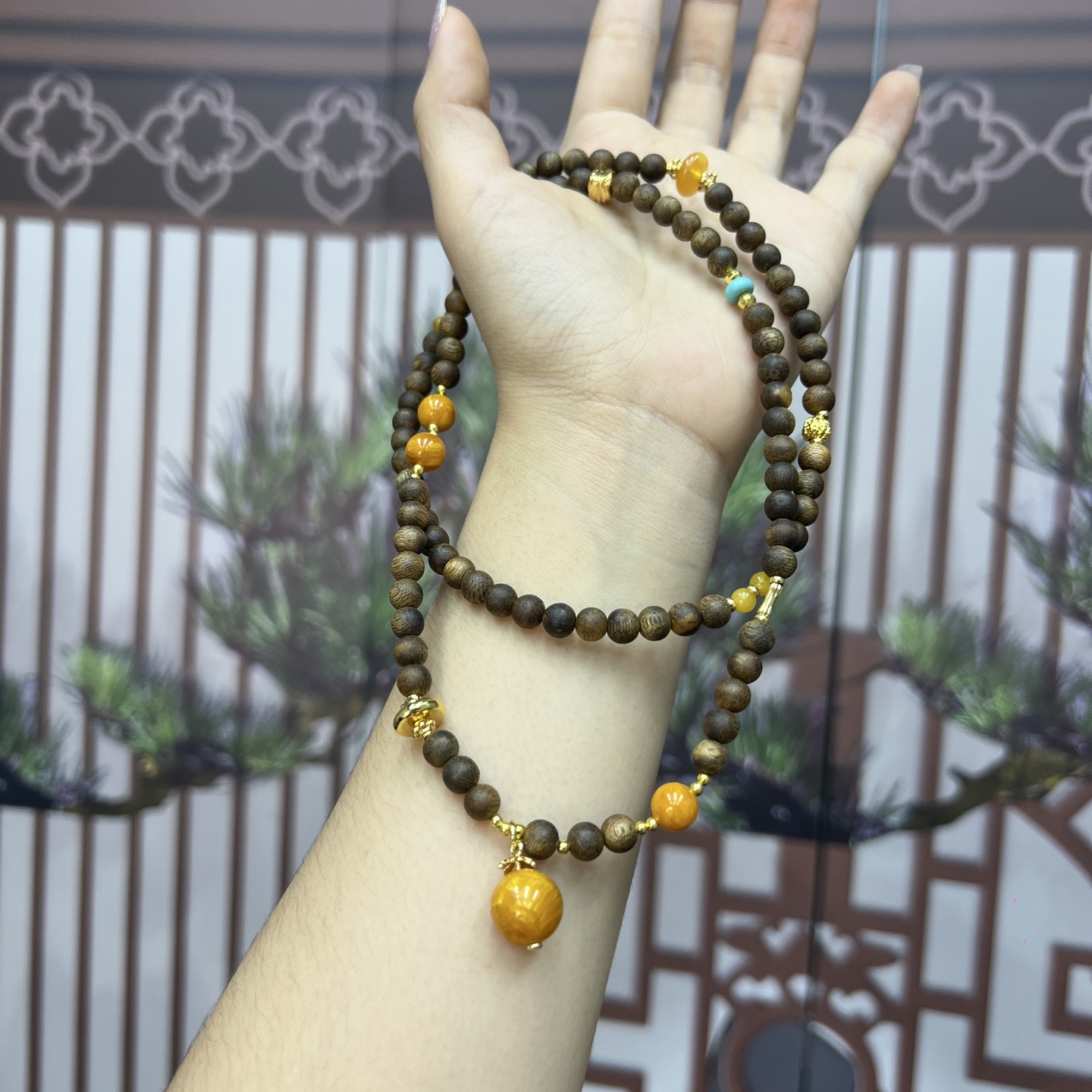 沉香沉香天然奇楠沉香木拼接蜜蜡手项链国风小众设计多圈手串090