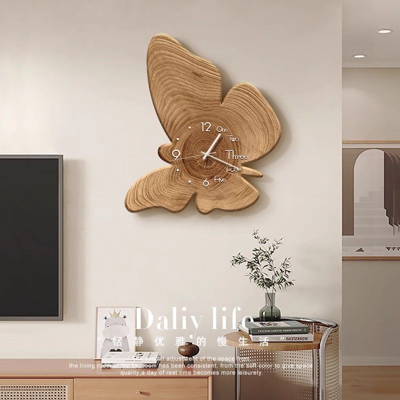 侘寂风客厅装饰画挂钟原木风电视背景墙挂画复古艺术钟表蝴蝶567