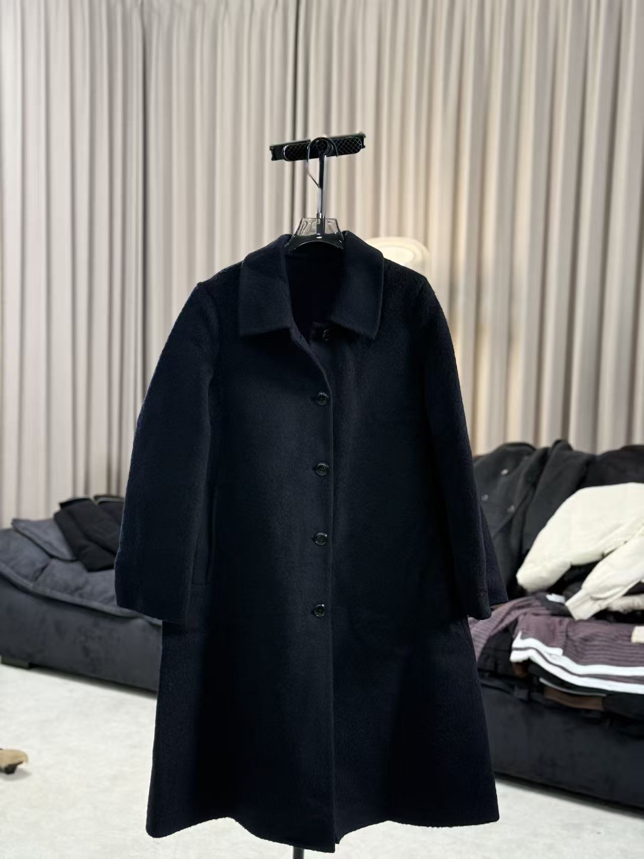 【柳青女装】2025冬季新款藏青色翻领中长款羊大衣毛呢大衣