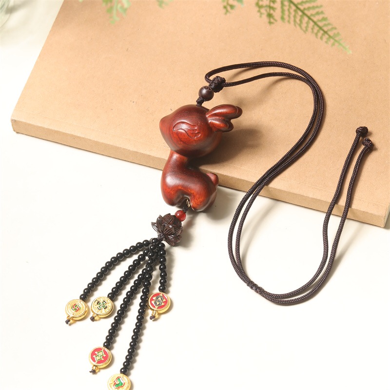 小叶紫檀一路平安搭配五路财神时尚车挂包挂钥匙扣饰品