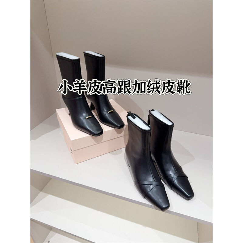 富婆女人靴！小羊皮质感加绒款高跟后拉链皮靴女