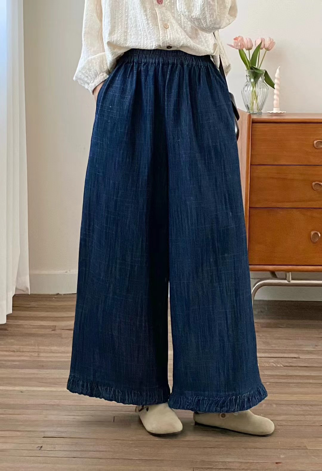 秋冬加厚款牛仔棉宽松慵懒显瘦日系花边牛仔直筒减龄女百搭阔腿裤