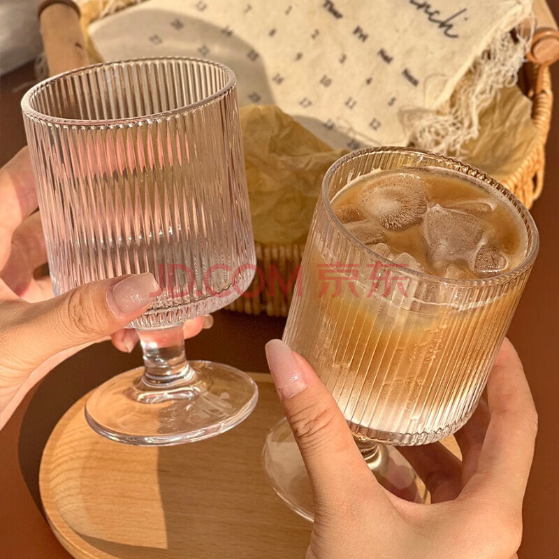 竖纹玻璃高脚杯酸奶冰淇淋杯子高颜值咖啡杯红酒杯