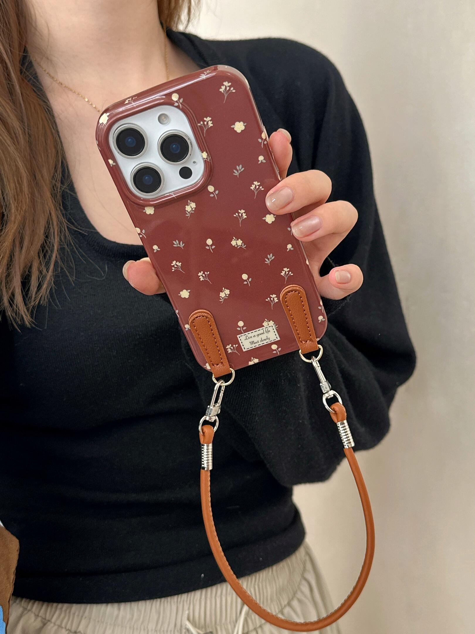 隆隆金适配苹果17手机壳棕色碎花带挂绳iphone16promax保护套15壳