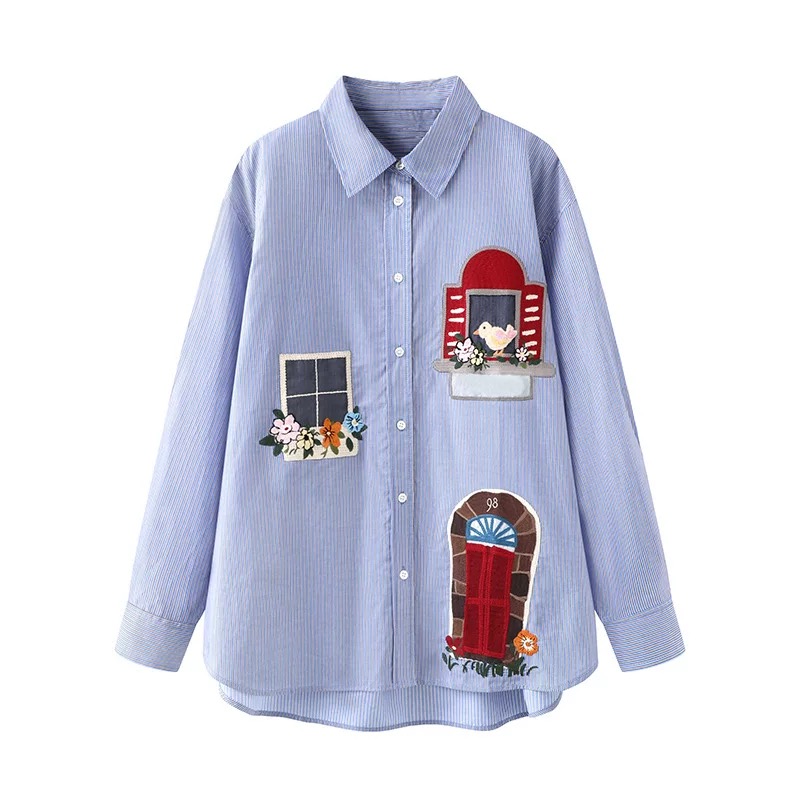 趣味房子手工刺绣宽松休闲长袖衬衣衬衫外套【8074】