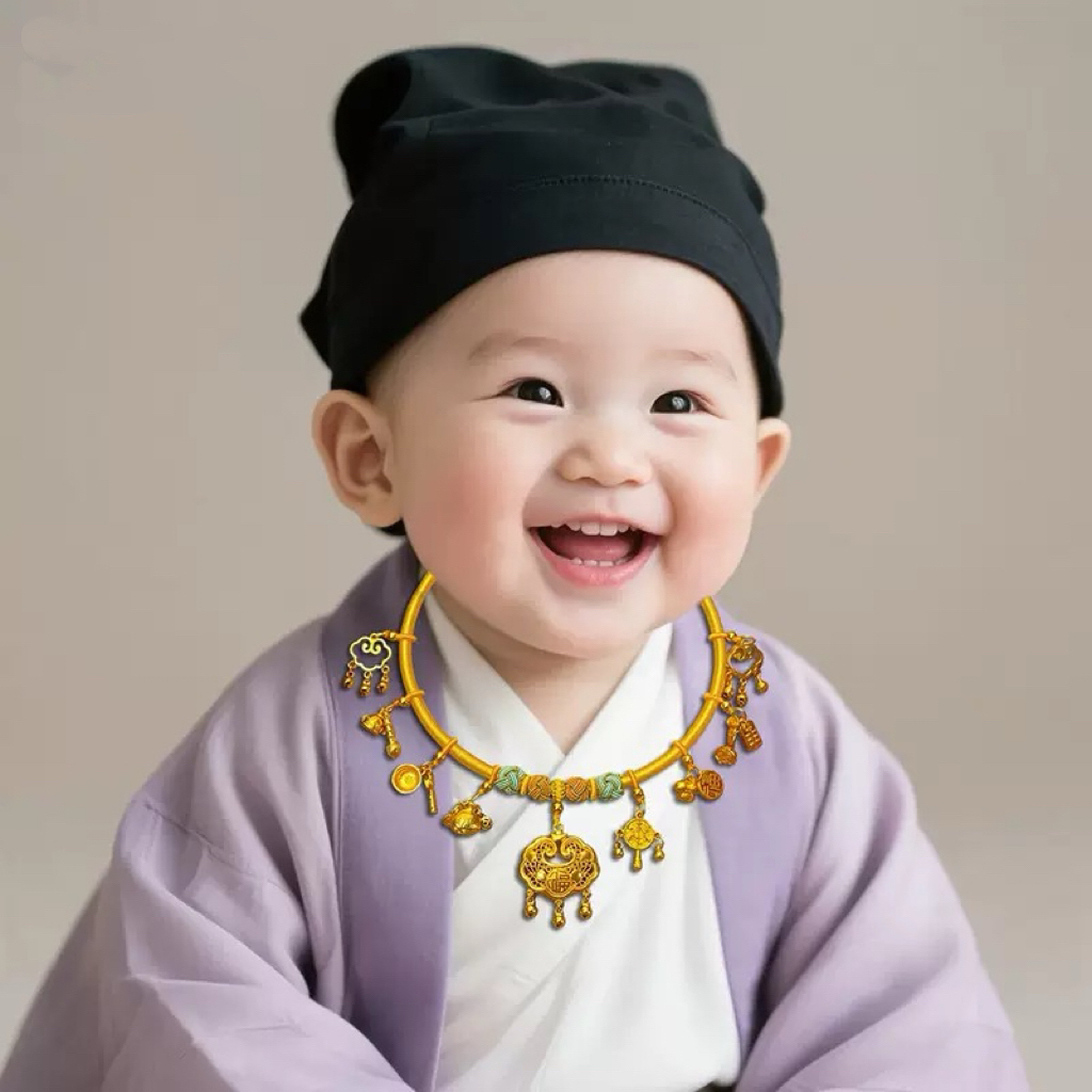 铜合金项链 金店同款宝宝周岁满月多挂手工编织项圈挂坠抓周礼物