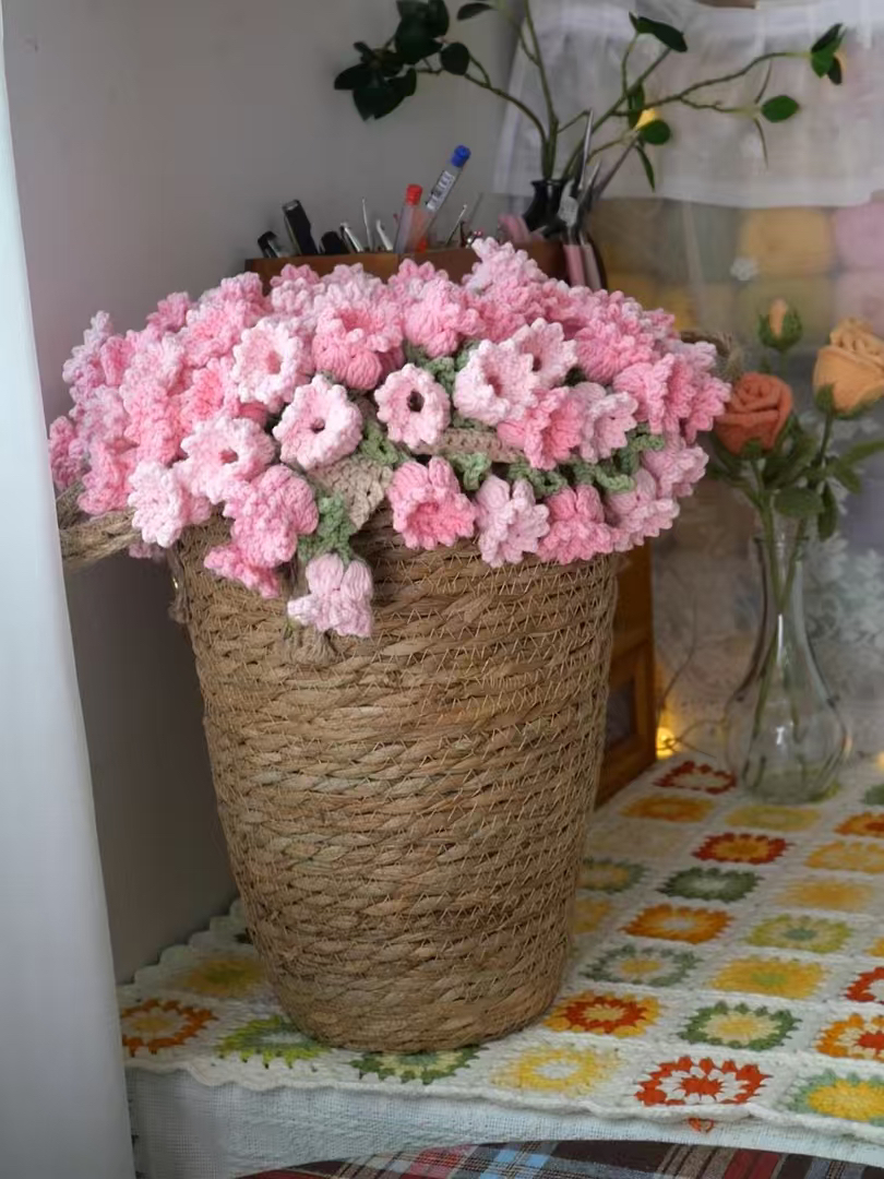 玫瑰地毯时尚DIY编织花篮百搭干花鲜花绿植篮子蒲草花篮桌面款
