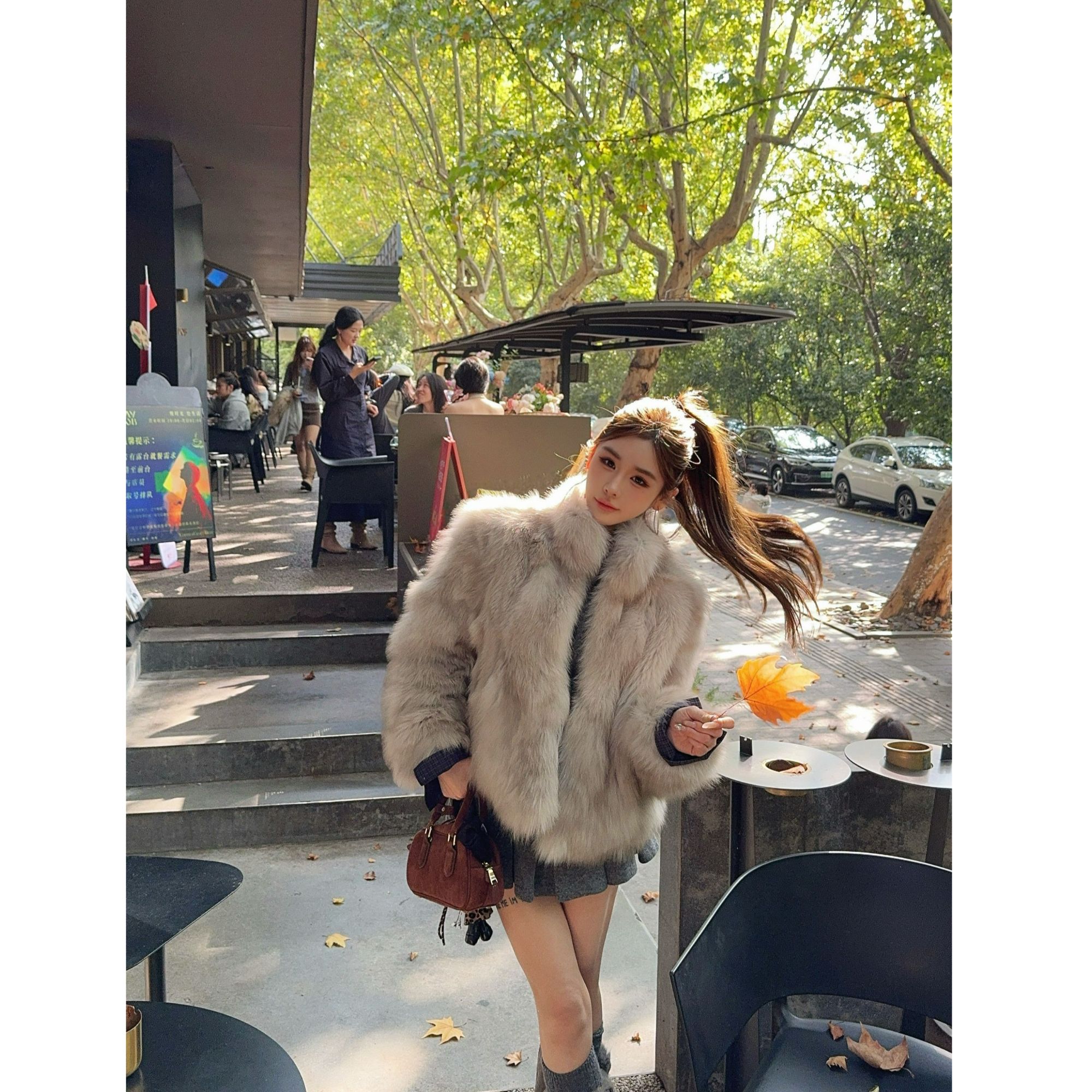 米娜家【Saga小千金】月光米灰狐狸坎毛皮草外套