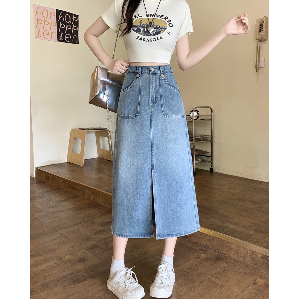 【小巧定制】65458夏季新款高腰开叉牛仔半身裙梨形身材a字包臀裙