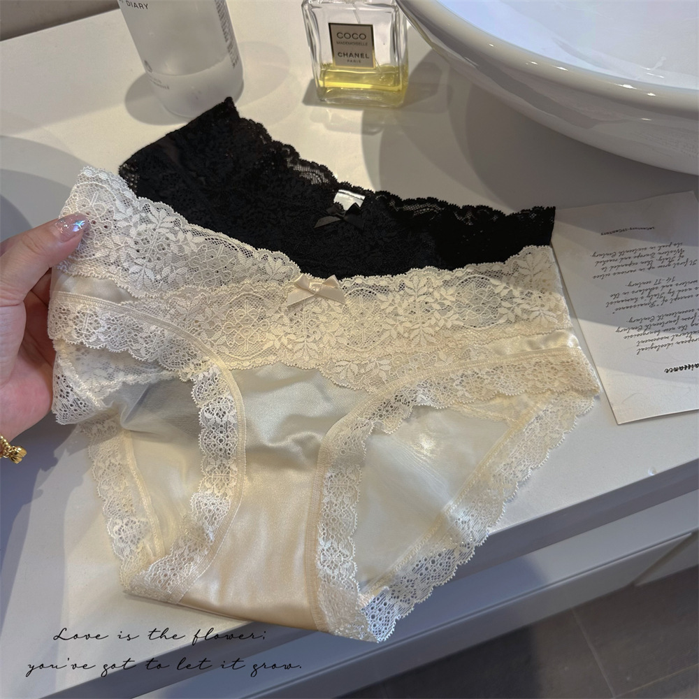 法式缎面蕾丝性感底裤女士内裤半透纯欲风甜美低腰包臀三角裤舒适