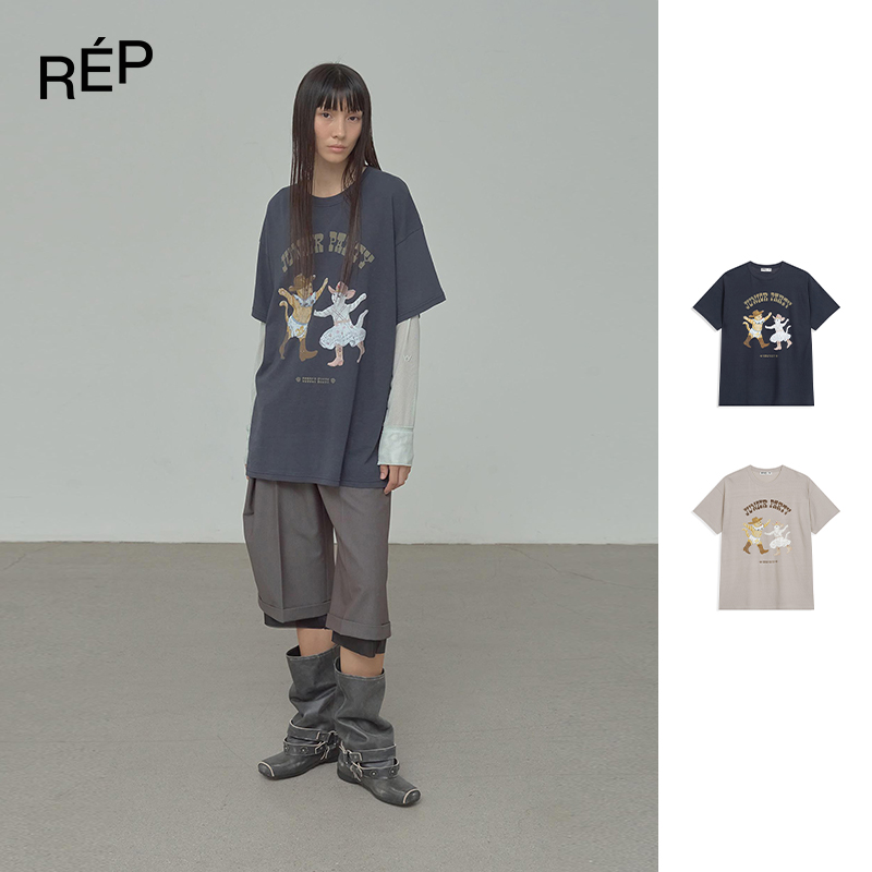 OPEN YY设计师品牌海军蓝/米色宠物俱乐部猫咪派对T恤 26PS早春