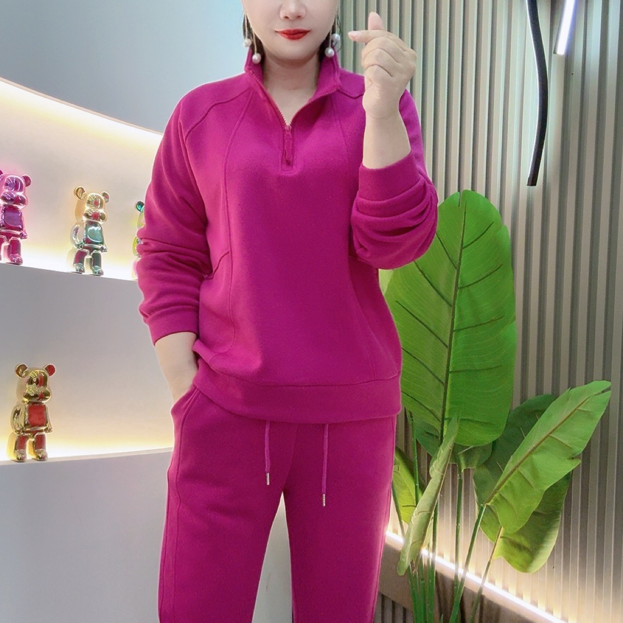 加绒半拉链时尚运动套装秋冬新款休闲宽松网红两件套