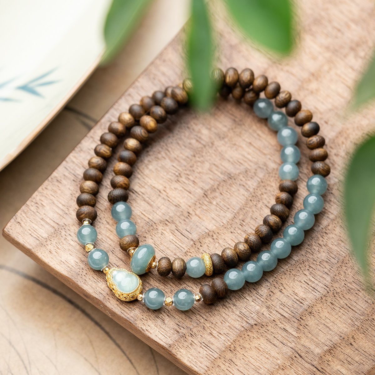 沉香莺歌绿奇楠沉香9分结香5*4mm算盘珠双圈手串