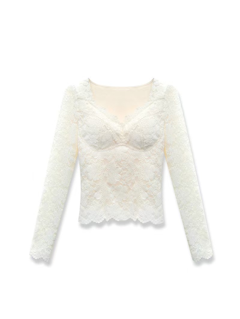 【二小姐】深圳欧货温柔风V领蕾丝长袖镂空花纹修身内搭显瘦黑白色