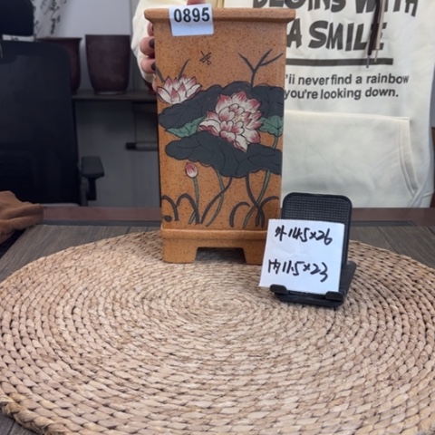 紫砂花盆孤品柴烧手绘荷花签筒0895