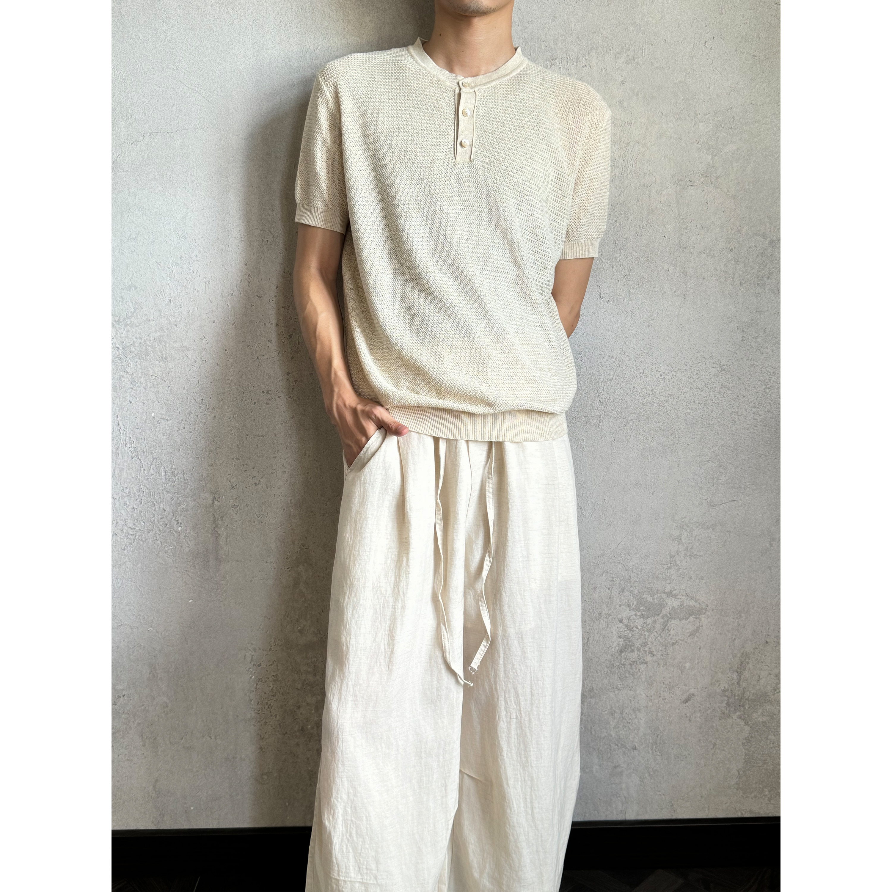 《针织亨利》原麻色针织上衣莱赛尔亚麻混纺老钱纯色简约百搭短袖